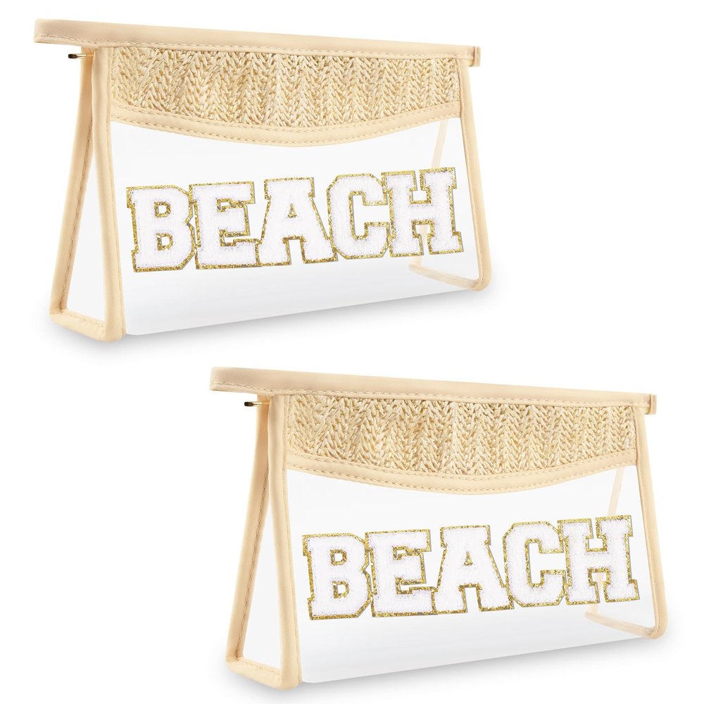 2 Pcs Boho Straw Clear Makeup Letter Bag BEACH Pouch, Sunscreen Bags for Beach Travel Small Cute Chenille Letter SPF Bag Pouch,Waterproof Beach Toiletry Sun Bag Best Beach Accessories for Women(BEACH)