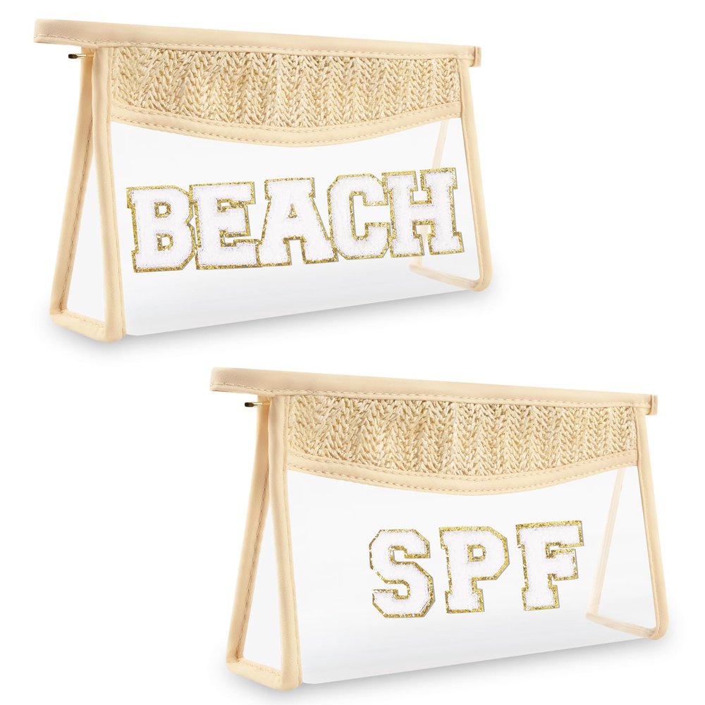 2 Pcs Boho Straw Clear Makeup Letter Pouch, Sunscreen SPF Bag Pouch, Waterproof Beach Toiletry Bag Accessories for Women