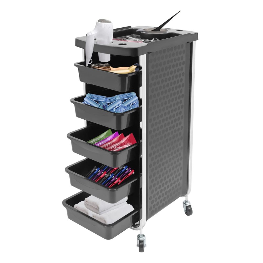 CheriMuMu Salon Trolley Cart with Wheels, Multipurpose Beauty Tool Cart Salon Rolling Cart with 5 Drawers and Dryer Holder Suitable for Beauty Salons, Barber Stores, Spas, Tattoo Parlors