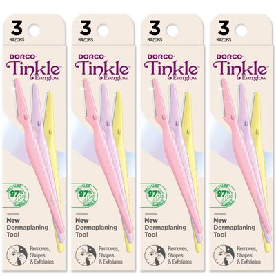 Tinkle Everglow Dermaplane Razor (12 ct - 4 packs of 3ct), Eyebrow Razor & Face Razors for Women, Peach Fuzz Remover, Dermaplaning Tool, Stainless Steel Blades, Stocking Stuffers