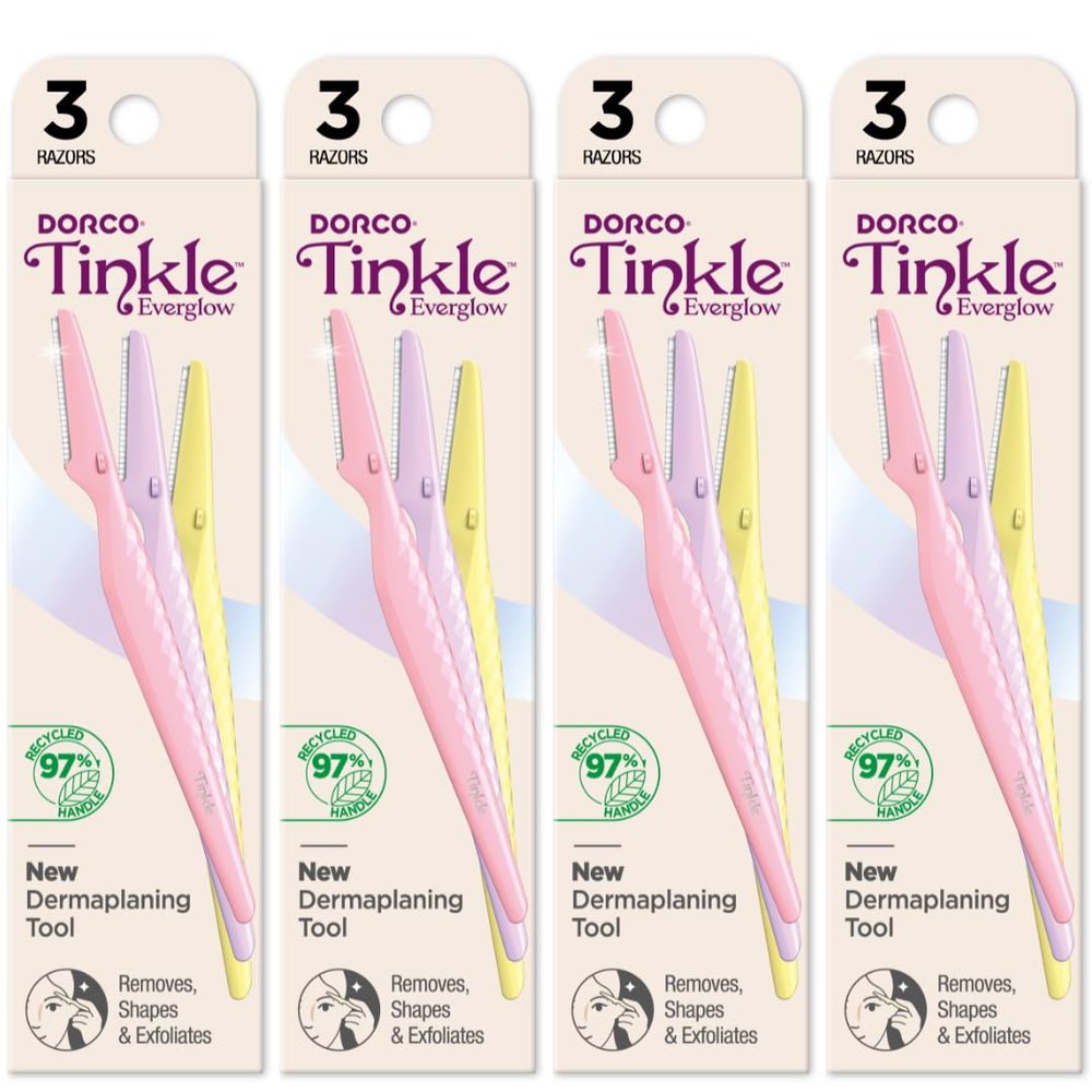 Tinkle Everglow Dermaplane Razor (12 ct - 4 packs of 3ct), Eyebrow Razor & Face Razors for Women, Peach Fuzz Remover, Dermaplaning Tool, Stainless Steel Blades, Stocking Stuffers