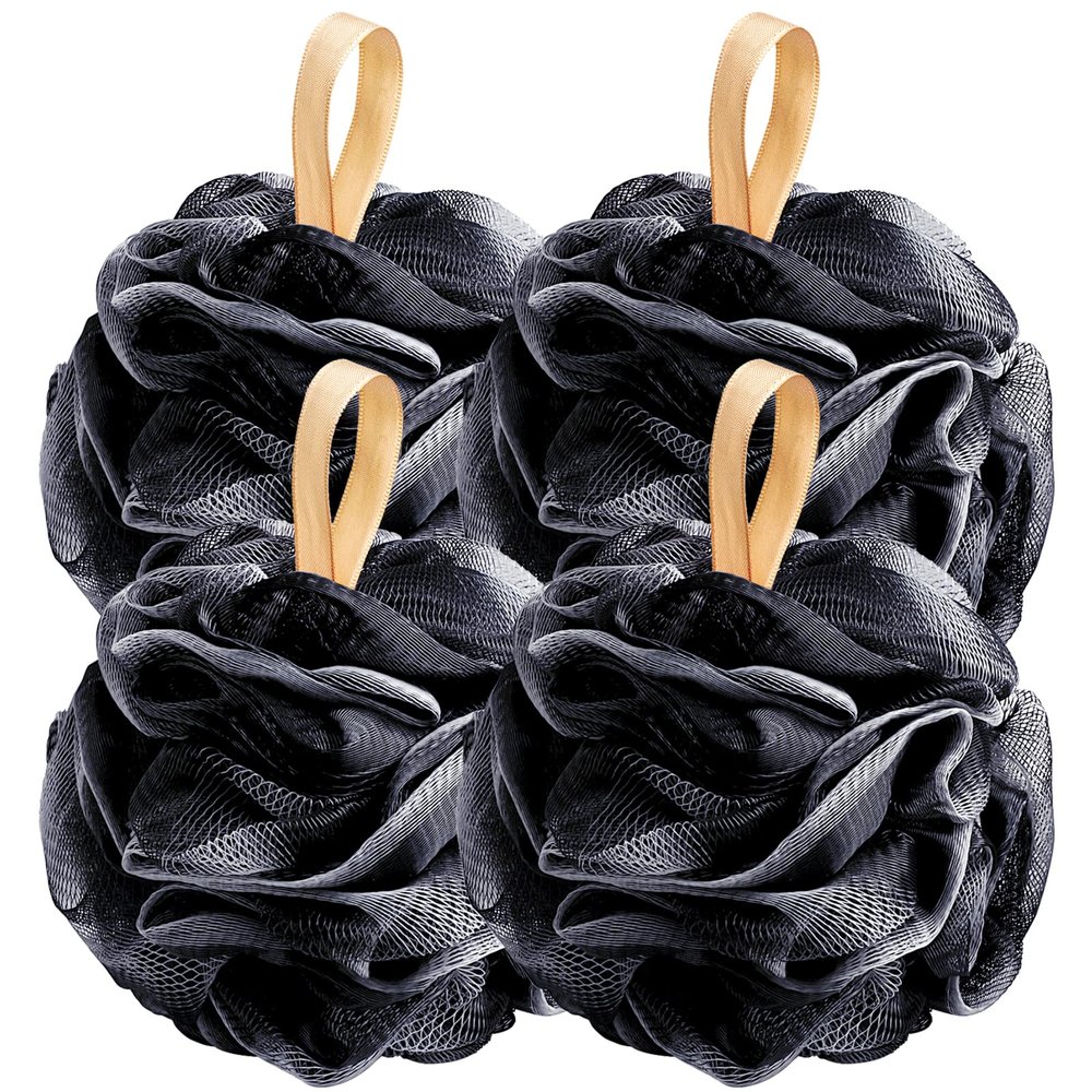Fishent Loofah Bath Sponge Shower Loofahs, 4 Pack Soft Loofa Exfoliating Body Scrubber Mesh Shower Puff Pouf Ball Luffa for Men and Women(50g/pcs) (Black)