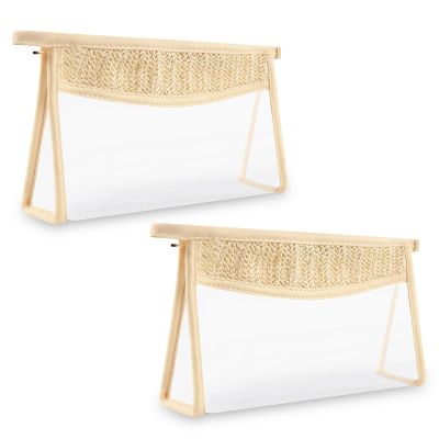 2Pcs Boho Patch Bag Clear Makeup Letter Bag, Waterproof Zipper Make up Bags Toiletry Pouch for Women Girls, Hollow Woven Clear Letter Patch Cosmetic Bags Transparent Organizer Pouch for Travel