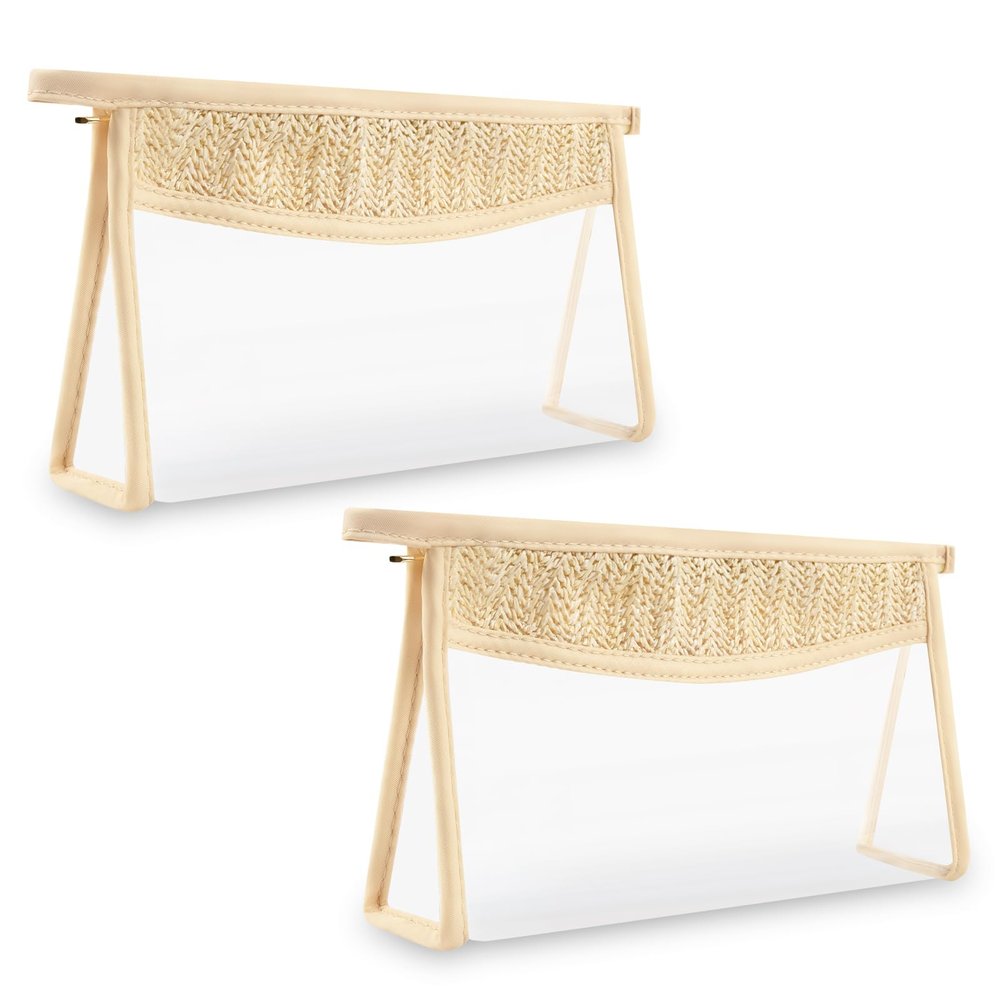 2Pcs Boho Patch Bag Clear Makeup Letter Bag, Waterproof Zipper Make up Bags Toiletry Pouch for Women Girls, Hollow Woven Clear Letter Patch Cosmetic Bags Transparent Organizer Pouch for Travel