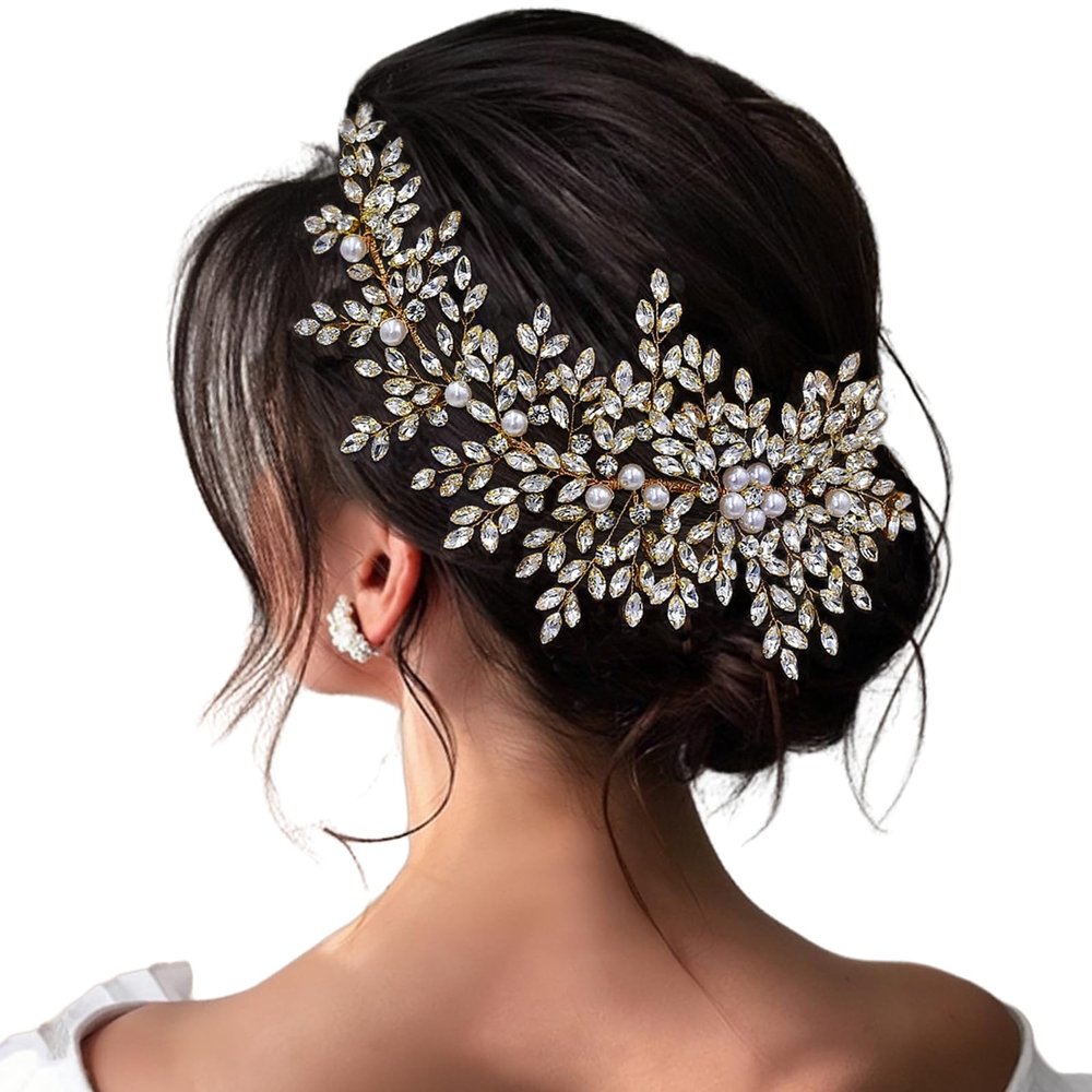 AMORARSI Crystal Wedding Hair Comb Bridal Hair Accessories Pearl and Rhinestone Bridal Side Combs for Women and Girls (Gold)