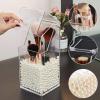 Makeup Brush Holder, Makeup Brush Organizer with White Pearls and Lid, Dustproof Acrylic Large Capacity Heavy Duty Artificial Pearls Cosmetic Brush Organizer for Vanity Desktop Bathroom Countertop view 2