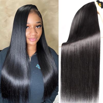 Pinjuoo 3 Bundles Human Hair 26 28 30 Inch Long Brazilian Straight Human Hair 100% Unprocessed Virgin Raw Hair Bundles Weave Natural Black Human Hair Extensions for Women