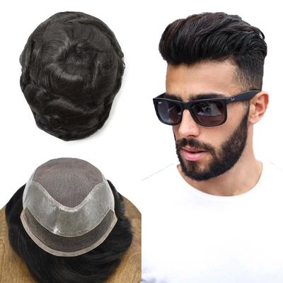 Hair System for Men Human Hair Piece Replacement Toupee for Men Fine Mono Lace Front Mens Toupee Durable Poly Skin PU Around Hair Mens Wig Unit 7"X9" #1B Off Black-120% Medium Light to Medium Density