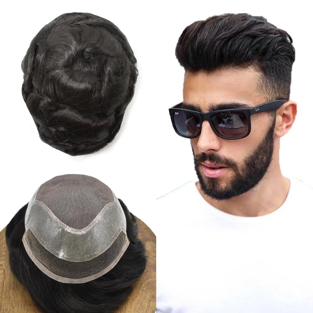 Hair System for Men Human Hair Piece Replacement Toupee for Men Fine Mono Lace Front Mens Toupee Durable Poly Skin PU Around Hair Mens Wig Unit 7"X9" #1B Off Black-120% Medium Light to Medium Density