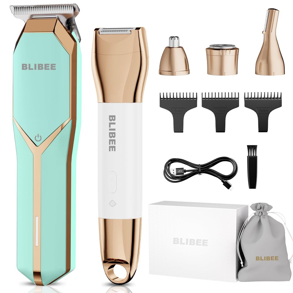 BLIBEE Hair Clippers & 1 Bikini Trimmer - Waterproof Electric Clippers & 4 in 1 Bikini Trimmer Set, Deluxe Wet/Dry Body Shaver for Nose Eyebrows Beard Pubic Hair, Green