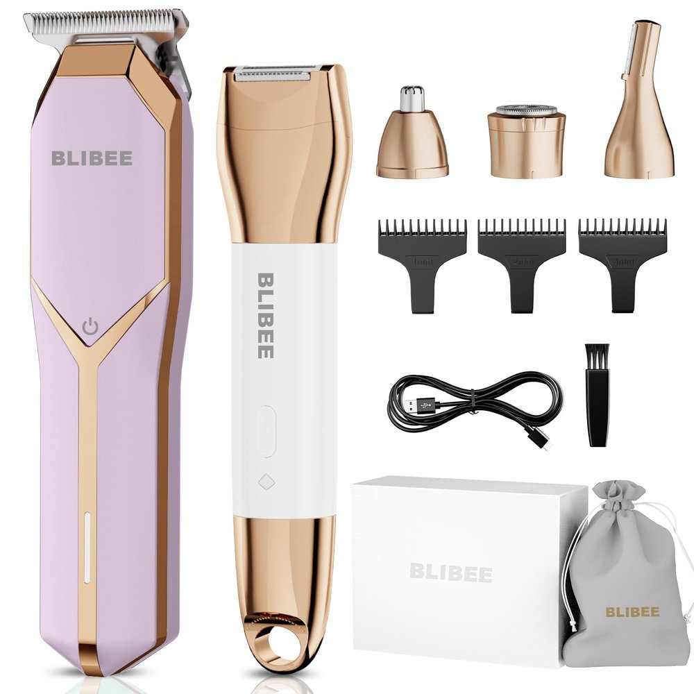 BLIBEE Hair Clippers & Bikini Trimmer for Women - Waterproof Electric Clippers and 4 in 1 Bikini Trimmer Set, Deluxe Hair Trimmer, Wet/Dry Body Shaver for Nose Eyebrows Beard Pubic Hair, Mauve