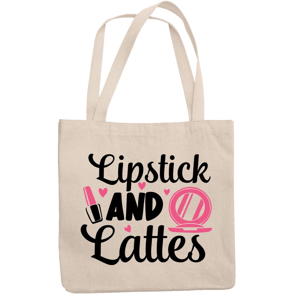 12oz Canvas Tote Bag - Lipstick and Lattes with Compact Mirror Design - Beauty Themed Merch for Makeup Artist or Cosmetologist, Gift for Makeup Lovers & Beauticians