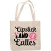 12oz Canvas Tote Bag - Lipstick and Lattes with Compact Mirror Design - Beauty Themed Merch for Makeup Artist or Cosmetologist, Gift for Makeup Lovers & Beauticians view 1