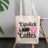 12oz Canvas Tote Bag - Lipstick and Lattes with Compact Mirror Design - Beauty Themed Merch for Makeup Artist or Cosmetologist, Gift for Makeup Lovers & Beauticians view 3