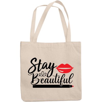 12oz Canvas Tote Bag - Stay Beautiful with Red Lips & Eyeliner Design - Beauty Themed Merch for Makeup Artist or Cosmetologist, Gift for Makeup Lovers & Beauticians
