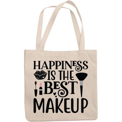 12oz Canvas Tote Bag - Happiness Is the Best Makeup Quote with Pink Lipstick, Mascara & Brush Design - Beauty Themed Merch for Makeup Artist or Cosmetologist, Gift for Makeup Lovers & Beauticians