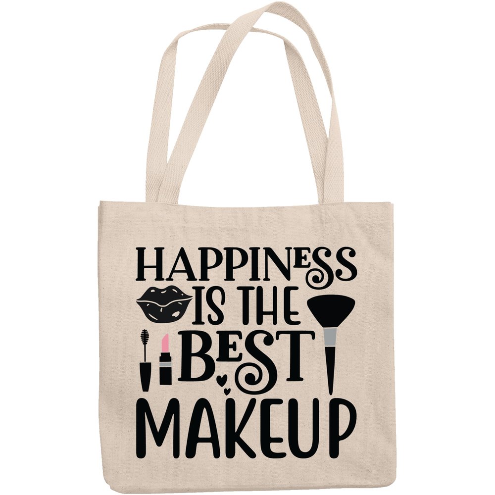 12oz Canvas Tote Bag - Happiness Is the Best Makeup Quote with Pink Lipstick, Mascara & Brush Design - Beauty Themed Merch for Makeup Artist or Cosmetologist, Gift for Makeup Lovers & Beauticians