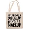12oz Canvas Tote Bag - Happiness Is the Best Makeup Quote with Pink Lipstick, Mascara & Brush Design - Beauty Themed Merch for Makeup Artist or Cosmetologist, Gift for Makeup Lovers & Beauticians view 1