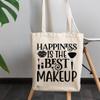 12oz Canvas Tote Bag - Happiness Is the Best Makeup Quote with Pink Lipstick, Mascara & Brush Design - Beauty Themed Merch for Makeup Artist or Cosmetologist, Gift for Makeup Lovers & Beauticians view 3