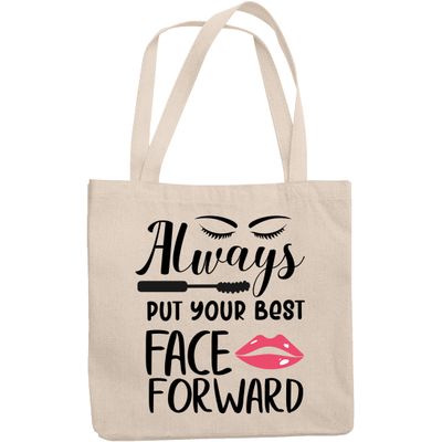 12oz Canvas Tote Bag - Always Put Your Best Face Forward with Eyelashes, Mascara & Pink Lips Design - Beauty Themed Merch for Makeup Artist or Cosmetologist, Gift for Makeup Lovers & Beauticians