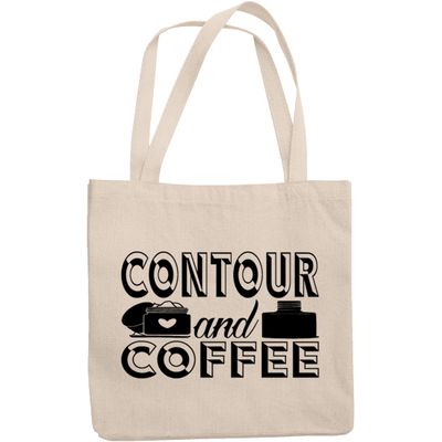 12oz Canvas Tote Bag - Contour and Coffee, Quote About Caffeine & Makeup Skill - Beauty Themed Merch for Makeup Artist or Cosmetologist, Gift for Makeup Lovers & Beauticians