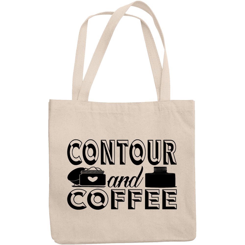 12oz Canvas Tote Bag - Contour and Coffee, Quote About Caffeine & Makeup Skill - Beauty Themed Merch for Makeup Artist or Cosmetologist, Gift for Makeup Lovers & Beauticians