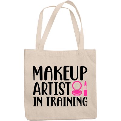 12oz Canvas Tote Bag - Makeup Artist in Training with Compact Mirror & Lipstick Design - Beauty Themed Merch for Makeup Artist or Cosmetologist, Gift for Makeup Lovers & Beauticians