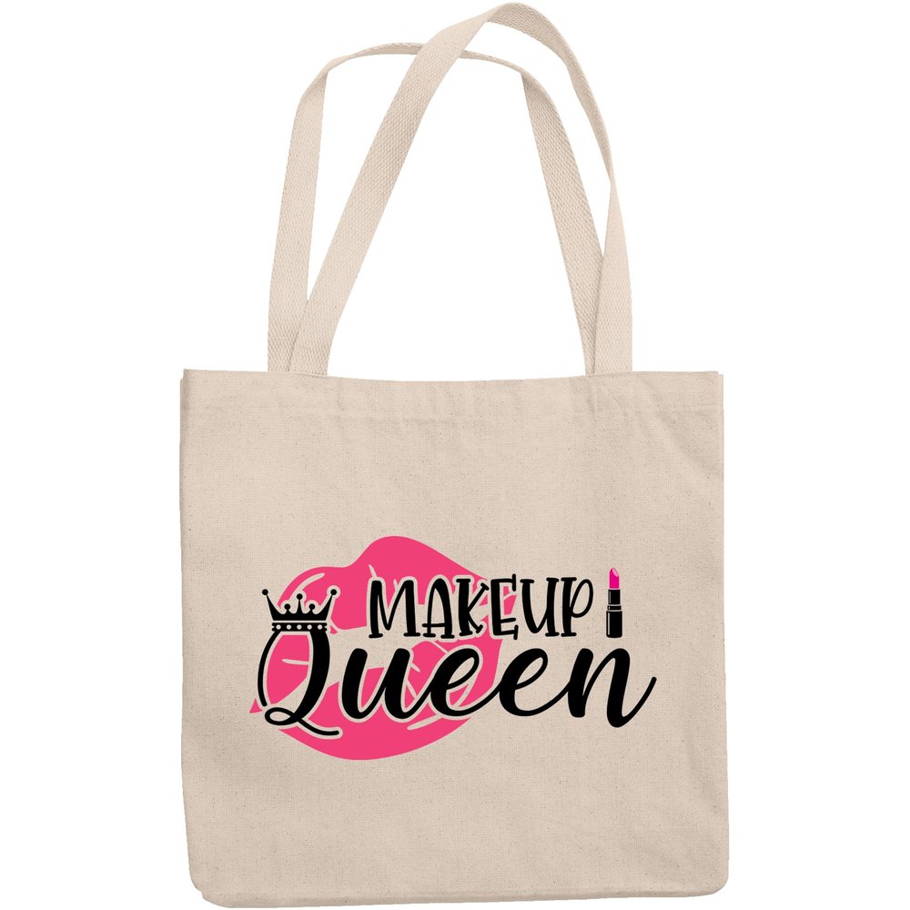 12oz Canvas Tote Bag - Makeup Queen with Crown, Pink Lipstick & Smooch Design - Beauty Themed Merch for Makeup Artist or Cosmetologist, Gift for Makeup Lovers & Beauticians