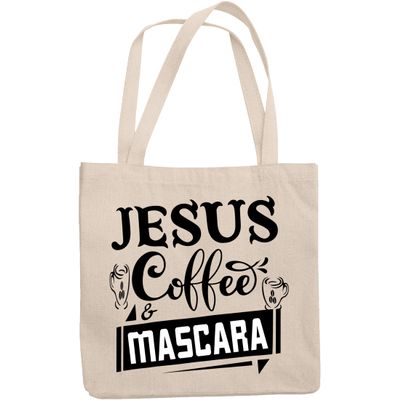 12oz Canvas Tote Bag - Jesus, Coffee & Mascara, Faith, Caffeine & Eyelashes Lover Quote - Beauty Themed Merch for Makeup Artist or Cosmetologist, Gift for Makeup Lovers & Beauticians