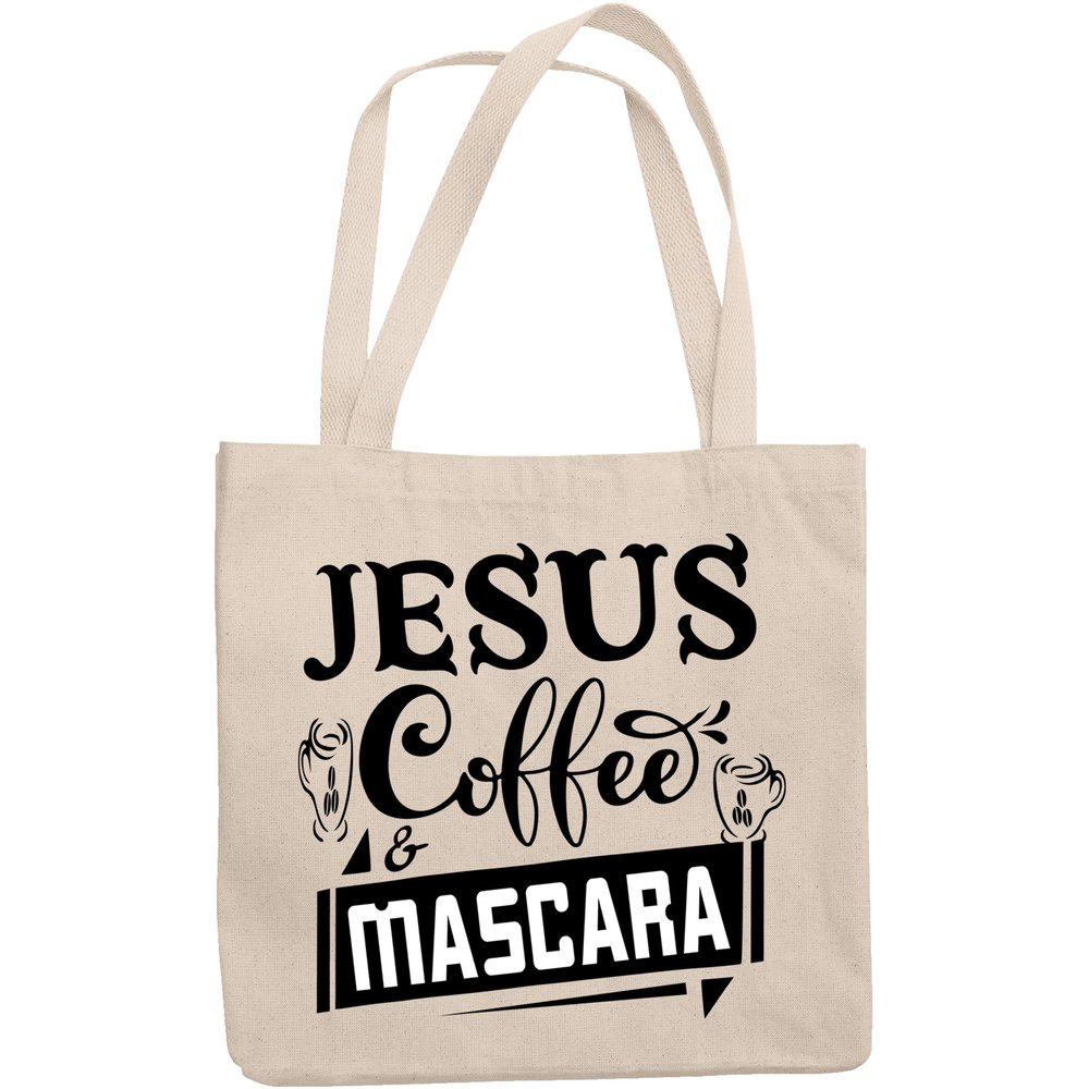 12oz Canvas Tote Bag - Jesus, Coffee & Mascara, Faith, Caffeine & Eyelashes Lover Quote - Beauty Themed Merch for Makeup Artist or Cosmetologist, Gift for Makeup Lovers & Beauticians