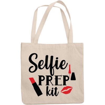 12oz Canvas Tote Bag - Selfie Prep Kit, Term for Cosmetics Bag w/Eyeliner, Red Lipstick & Lips Design - Beauty Themed Merch for Makeup Artist or Cosmetologist, Gift for Makeup Lovers & Beauticians