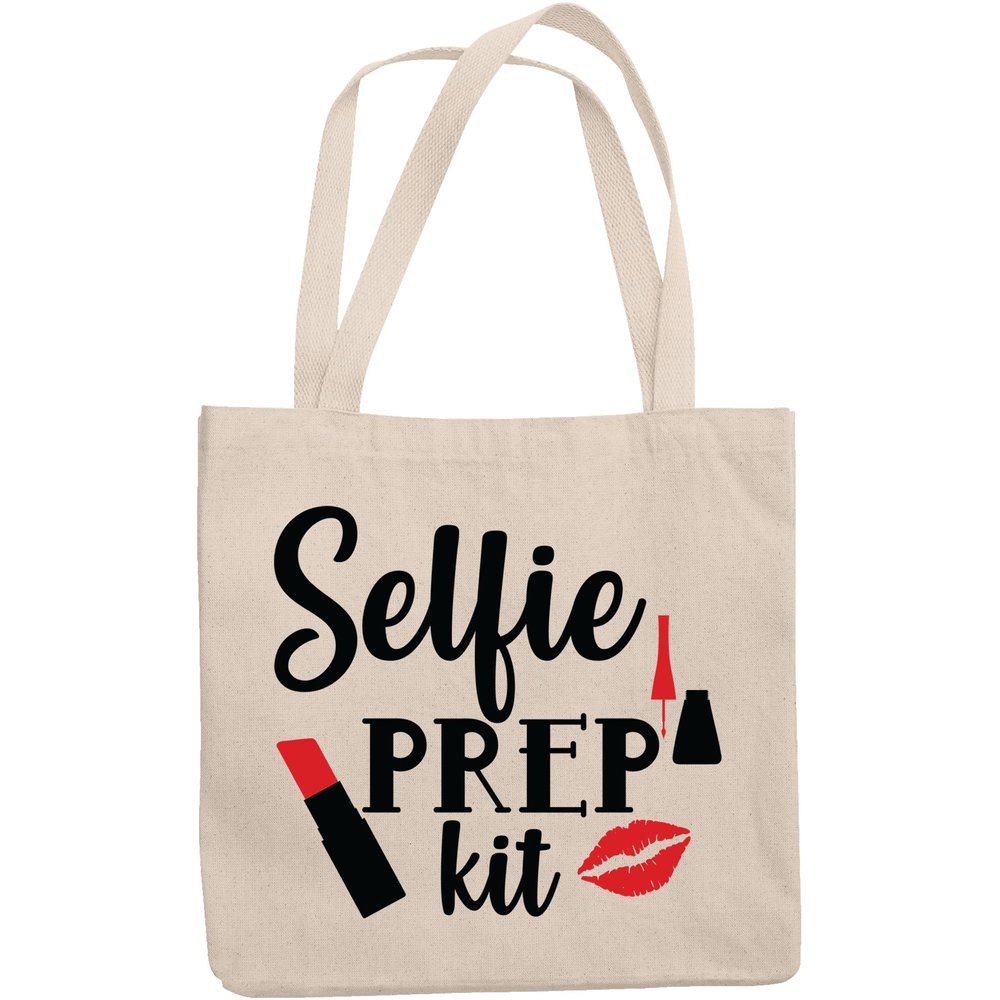 12oz Canvas Tote Bag - Selfie Prep Kit, Term for Cosmetics Bag w/Eyeliner, Red Lipstick & Lips Design - Beauty Themed Merch for Makeup Artist or Cosmetologist, Gift for Makeup Lovers & Beauticians