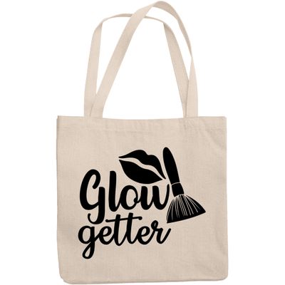 12oz Canvas Tote Bag - Glow Getter with Powder Brush & Lips Design - Beauty Themed Merch for Makeup Artist or Cosmetologist, Gift for Makeup Lovers & Beauticians