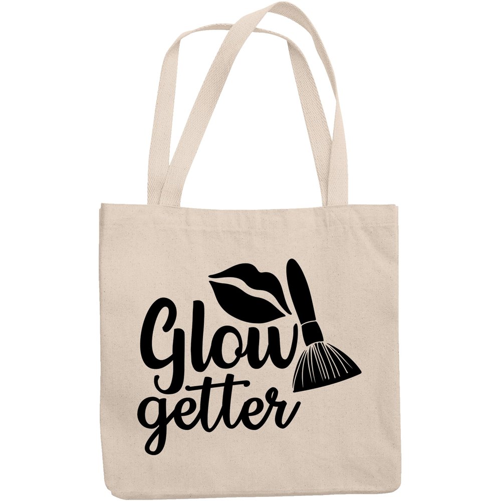 12oz Canvas Tote Bag - Glow Getter with Powder Brush & Lips Design - Beauty Themed Merch for Makeup Artist or Cosmetologist, Gift for Makeup Lovers & Beauticians