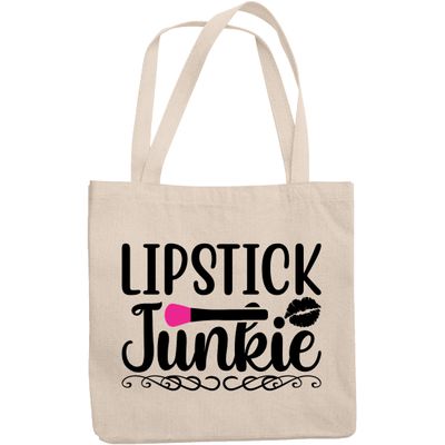 12oz Canvas Tote Bag - Lipstick Junkie with Lip Design - Beauty Themed Merch for Makeup Artist or Cosmetologist, Gift for Makeup Lovers & Beauticians