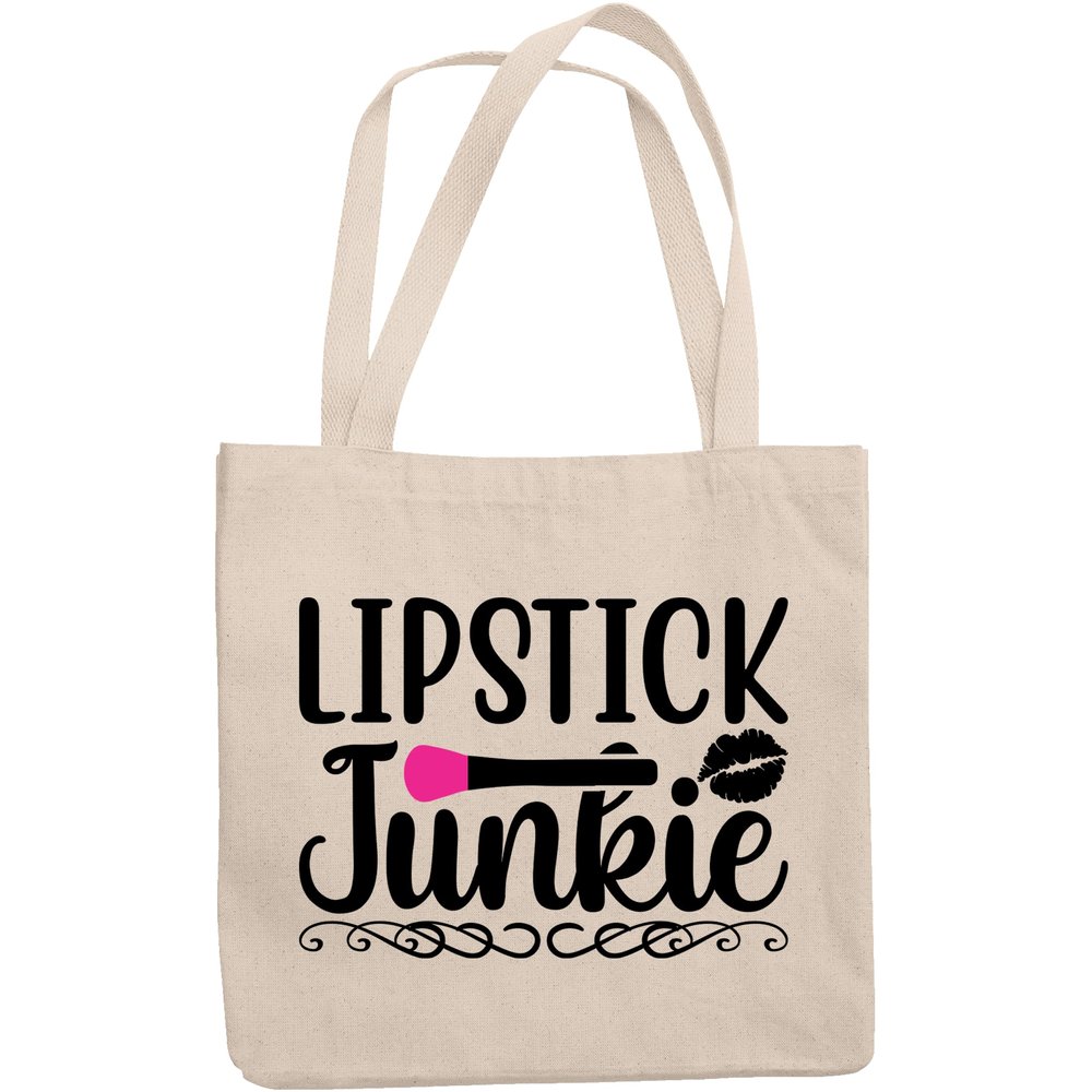 12oz Canvas Tote Bag - Lipstick Junkie with Lip Design - Beauty Themed Merch for Makeup Artist or Cosmetologist, Gift for Makeup Lovers & Beauticians