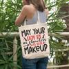 12oz Canvas Tote Bag - May Your Day Be as Flawless as Your Makeup w/Pink Lipsticks, Brush & Lips Design - Beauty Themed Merch for Makeup Artist or Cosmetologist, Gift for Makeup Lovers & Beauticians view 2