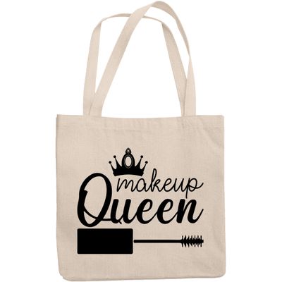 12oz Canvas Tote Bag - Makeup Queen with Mascara Applicator & Crown Design - Beauty Themed Merch for Makeup Artist or Cosmetologist, Gift for Makeup Lovers & Beauticians