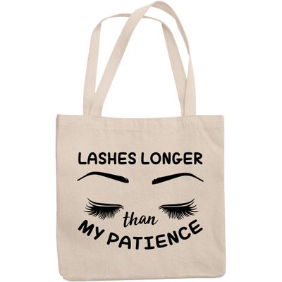 12oz Canvas Tote Bag - Lashes Longer Than My Patience with Long Eyelashes Design - Beauty Themed Merch for Makeup Artist or Cosmetologist, Gift for Makeup Lovers & Beauticians