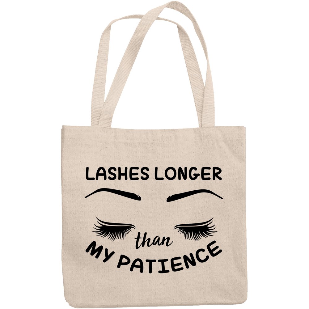 12oz Canvas Tote Bag - Lashes Longer Than My Patience with Long Eyelashes Design - Beauty Themed Merch for Makeup Artist or Cosmetologist, Gift for Makeup Lovers & Beauticians