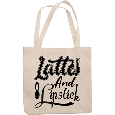 12oz Canvas Tote Bag - Lattes and Lipstick, Coffee & Lipstick Lover Quote - Beauty Themed Merch for Makeup Artist or Cosmetologist, Gift for Makeup Lovers & Beauticians