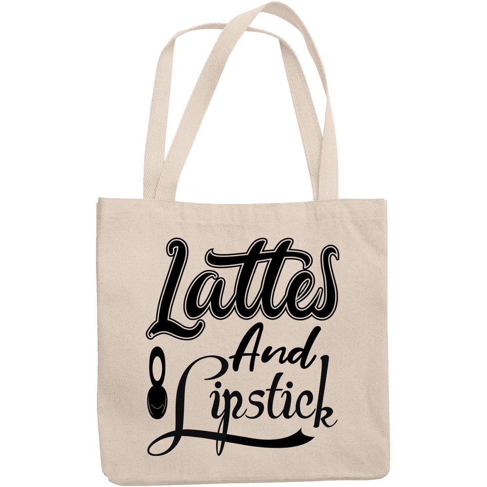 12oz Canvas Tote Bag - Lattes and Lipstick, Coffee & Lipstick Lover Quote - Beauty Themed Merch for Makeup Artist or Cosmetologist, Gift for Makeup Lovers & Beauticians