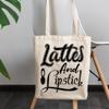12oz Canvas Tote Bag - Lattes and Lipstick, Coffee & Lipstick Lover Quote - Beauty Themed Merch for Makeup Artist or Cosmetologist, Gift for Makeup Lovers & Beauticians view 3