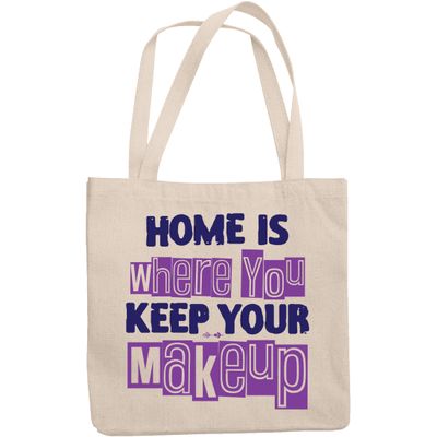 12oz Canvas Tote Bag - Home Is Where You Keep Your Makeup, Cosmetics Lover Sayings - Beauty Themed Merch for Makeup Artist or Cosmetologist, Gift for Makeup Lovers & Beauticians