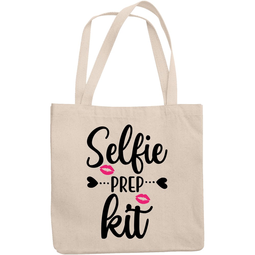 12oz Canvas Tote Bag - Selfie Prep Kit, Term for Cosmetics Bag with Lips Design - Beauty Themed Merch for Makeup Artist or Cosmetologist, Gift for Makeup Lovers & Beauticians