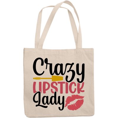 12oz Canvas Tote Bag - Crazy Lipstick Lady with Lip Brush Design - Beauty Themed Merch for Makeup Artist or Cosmetologist, Gift for Makeup Lovers & Beauticians