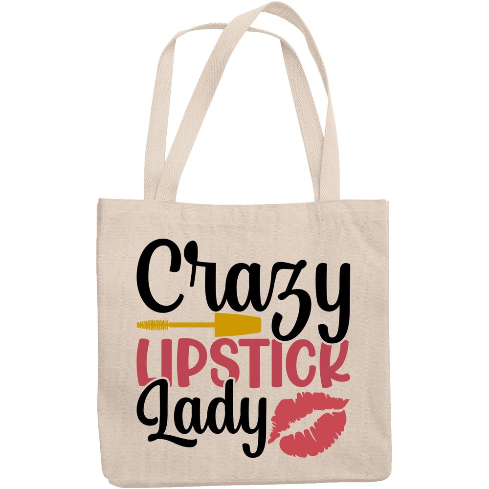 12oz Canvas Tote Bag - Crazy Lipstick Lady with Lip Brush Design - Beauty Themed Merch for Makeup Artist or Cosmetologist, Gift for Makeup Lovers & Beauticians