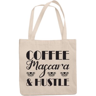 12oz Canvas Tote Bag - Coffee, Mascara & Hustle, Quote About Cosmetics & Hard Work - Beauty Themed Merch for Makeup Artist or Cosmetologist, Gift for Makeup Lovers & Beauticians