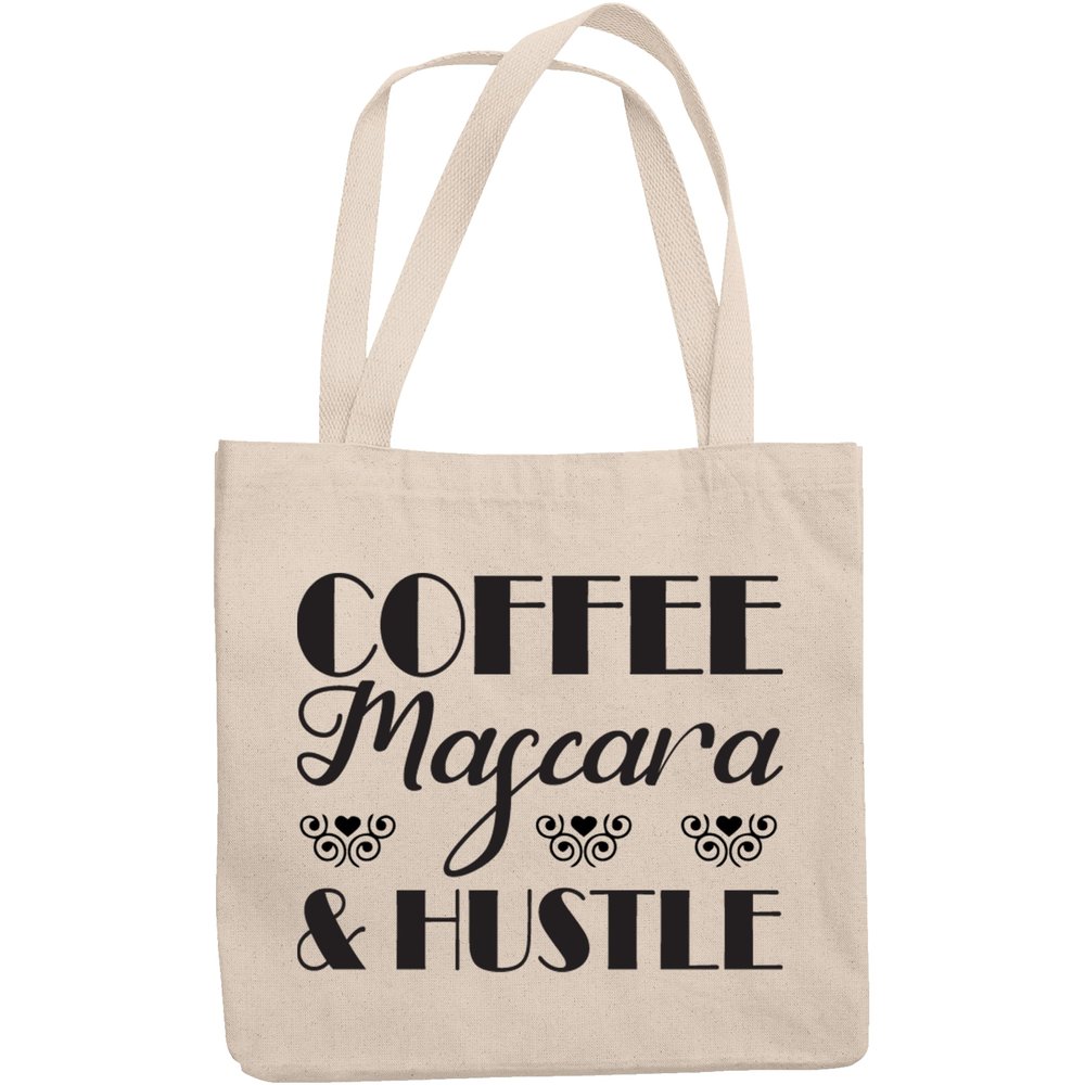 12oz Canvas Tote Bag - Coffee, Mascara & Hustle, Quote About Cosmetics & Hard Work - Beauty Themed Merch for Makeup Artist or Cosmetologist, Gift for Makeup Lovers & Beauticians