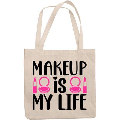 12oz Canvas Tote Bag - Makeup Is My Life with Compact Mirror & Lipstick Design - Beauty Themed Merch for Makeup Artist or Cosmetologist, Gift for Makeup Lovers & Beauticians
